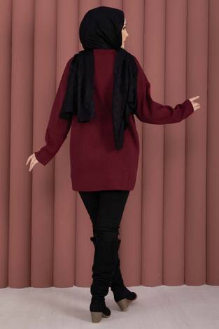 Bisiklet Yaka Salaş Triko Tunik Bordo - Thumbnail