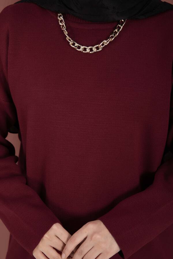 Bisiklet Yaka Salaş Triko Tunik Bordo - 4