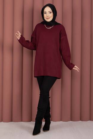 Bisiklet Yaka Salaş Triko Tunik Bordo - Thumbnail