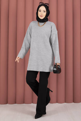 Bisiklet Yaka Salaş Triko Tunik Gri - Thumbnail