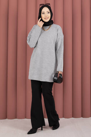 Bisiklet Yaka Salaş Triko Tunik Gri - Thumbnail