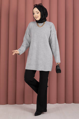Bisiklet Yaka Salaş Triko Tunik Gri - Thumbnail