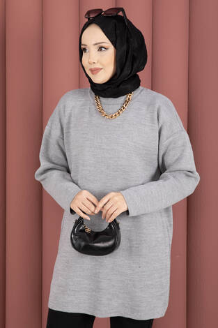 Bisiklet Yaka Salaş Triko Tunik Gri - Thumbnail