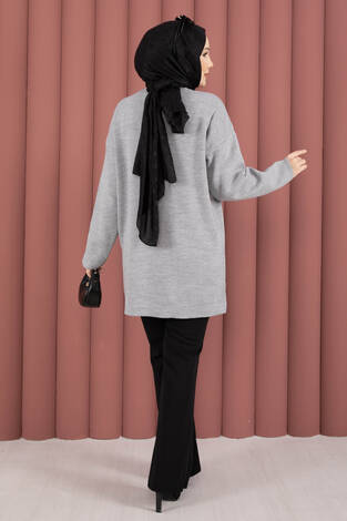 Bisiklet Yaka Salaş Triko Tunik Gri - Thumbnail
