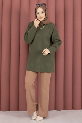 Bisiklet Yaka Salaş Triko Tunik Haki - Thumbnail