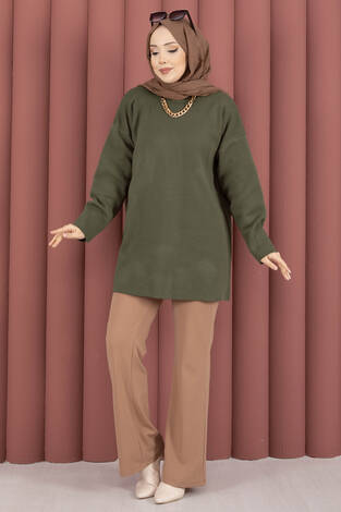 Bisiklet Yaka Salaş Triko Tunik Haki - Thumbnail