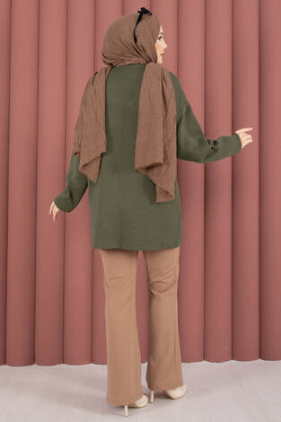 Bisiklet Yaka Salaş Triko Tunik Haki - Thumbnail