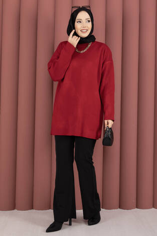 Bisiklet Yaka Salaş Triko Tunik Kırmızı - Thumbnail
