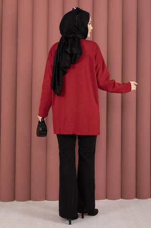 Bisiklet Yaka Salaş Triko Tunik Kırmızı - Thumbnail