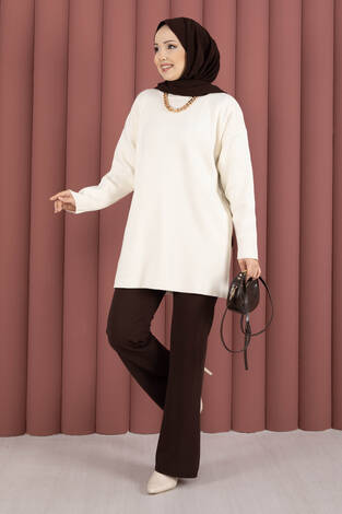 Bisiklet Yaka Salaş Triko Tunik Krem - Thumbnail