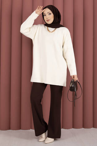Bisiklet Yaka Salaş Triko Tunik Krem - Thumbnail