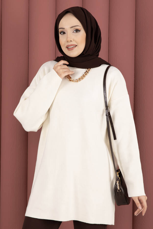 RAF - Bisiklet Yaka Salaş Triko Tunik Krem (1)