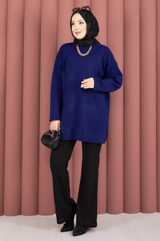 Bisiklet Yaka Salaş Triko Tunik Lacivert