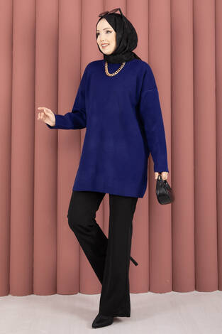 Bisiklet Yaka Salaş Triko Tunik Lacivert - Thumbnail
