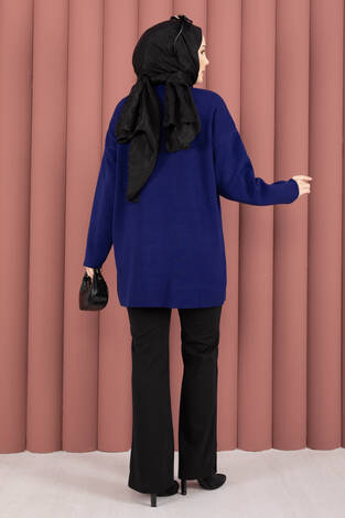 Bisiklet Yaka Salaş Triko Tunik Lacivert - Thumbnail