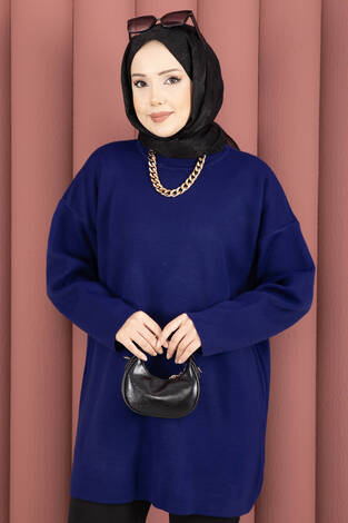 Bisiklet Yaka Salaş Triko Tunik Lacivert - Thumbnail