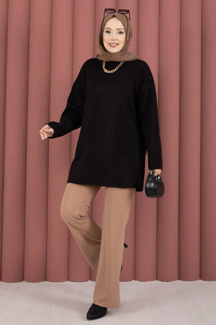 Bisiklet Yaka Salaş Triko Tunik Siyah - Thumbnail