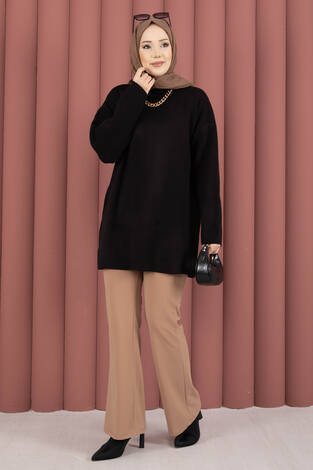 Bisiklet Yaka Salaş Triko Tunik Siyah - Thumbnail