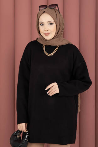 Bisiklet Yaka Salaş Triko Tunik Siyah - Thumbnail