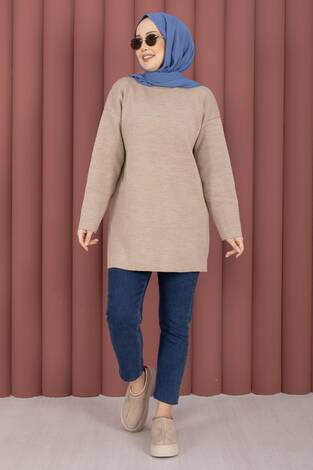 Bisiklet Yaka Salaş Triko Tunik Taş - Thumbnail