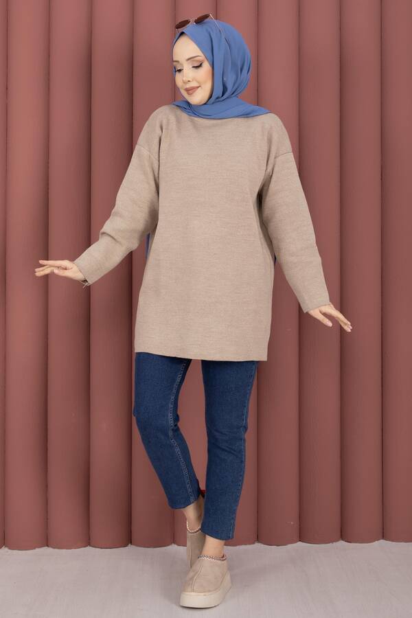 Bisiklet Yaka Salaş Triko Tunik Taş - 3