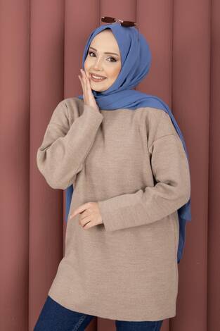 Bisiklet Yaka Salaş Triko Tunik Taş - Thumbnail