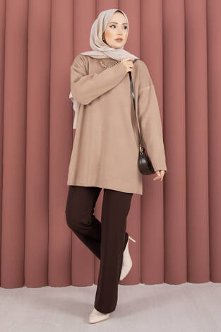 Bisiklet Yaka Salaş Triko Tunik Vizon - Thumbnail