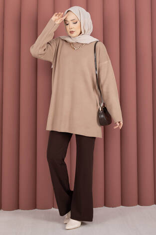 Bisiklet Yaka Salaş Triko Tunik Vizon - Thumbnail