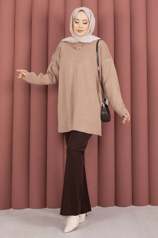 Bisiklet Yaka Salaş Triko Tunik Vizon - Thumbnail