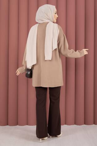 Bisiklet Yaka Salaş Triko Tunik Vizon - Thumbnail