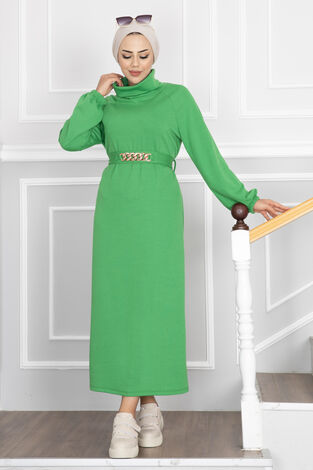 Boğazlı Kuşaklı Tesettür Elbise Benetton - Thumbnail