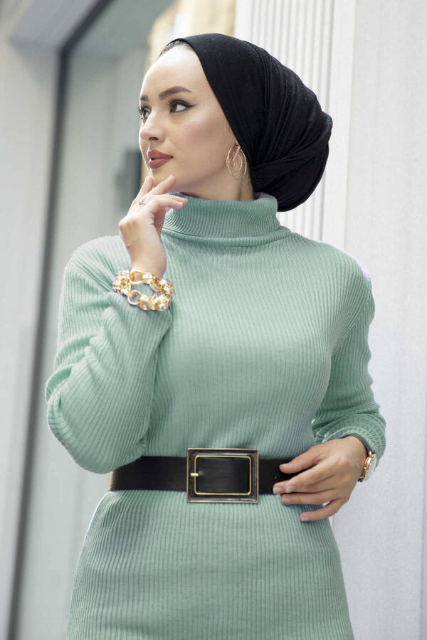 SB - Boğazlı Triko Tesettür Elbise Mint (1)