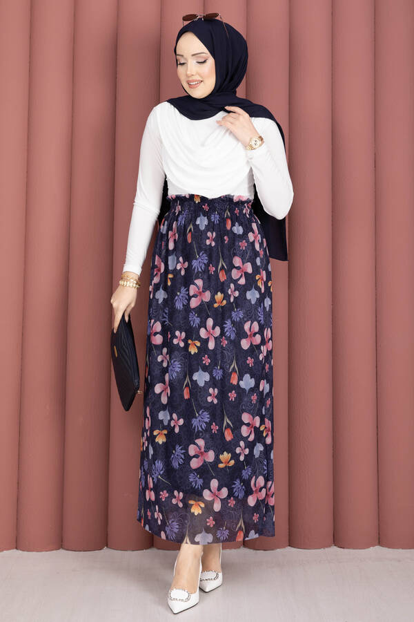 Bohem Stil Çiçekli Beli Lastikli Şifon Tül Etek Lacivert - 3