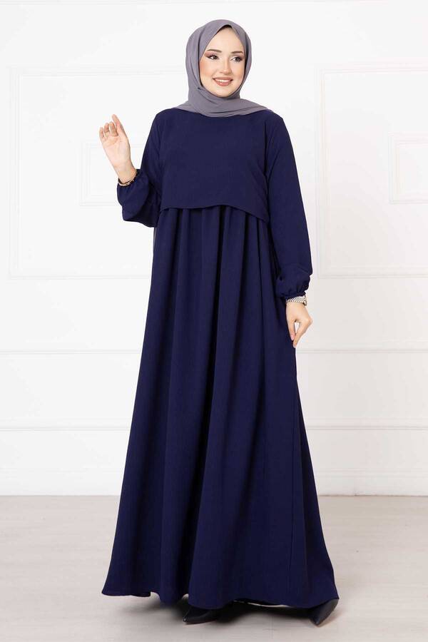 Bolero Görünümlü Tesettür Elbise Lacivert - 3