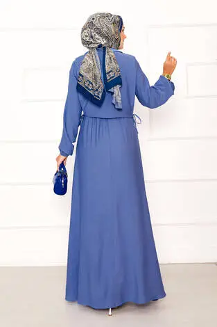 Bolerolu Beli Büzgülü Tesettür Elbise Takım İndigo - Thumbnail