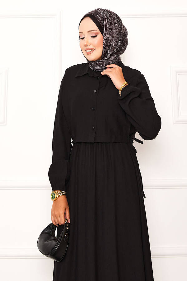 MD - Bolerolu Beli Büzgülü Tesettür Elbise Takım Siyah (1) MD - Bolerolu Beli Büzgülü Tesettür Elbise Takım Siyah (1)