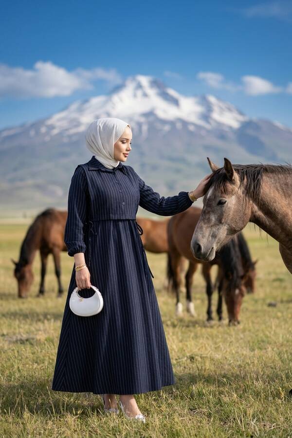 Bolerolu Çizgili Elbise Takım Lacivert - 5