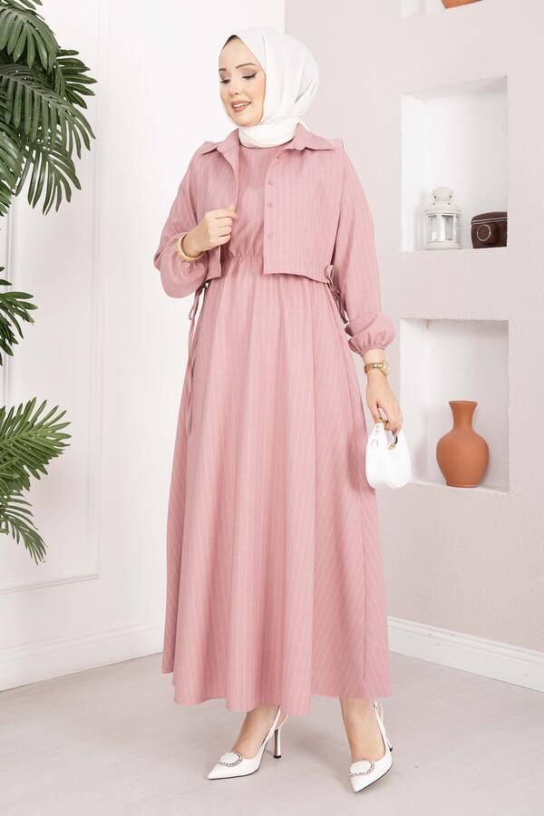 Bolerolu Çizgili Elbise Takım Pembe - 5