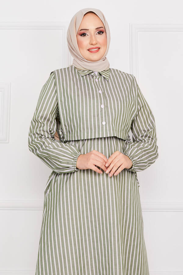 Znk - Bolerolu Çizgili Tesettür Elbise Haki (1)