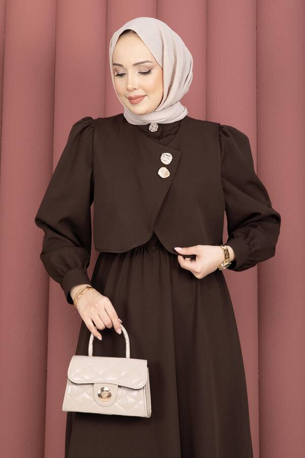 MD - Bolerolu Gold Düğmeli Elbise Takım Acı Kahve (1)