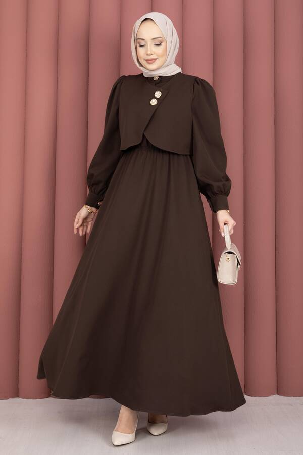 MD - Bolerolu Gold Düğmeli Elbise Takım Acı Kahve
