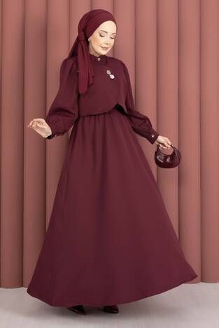 Bolerolu Gold Düğmeli Elbise Takım Bordo