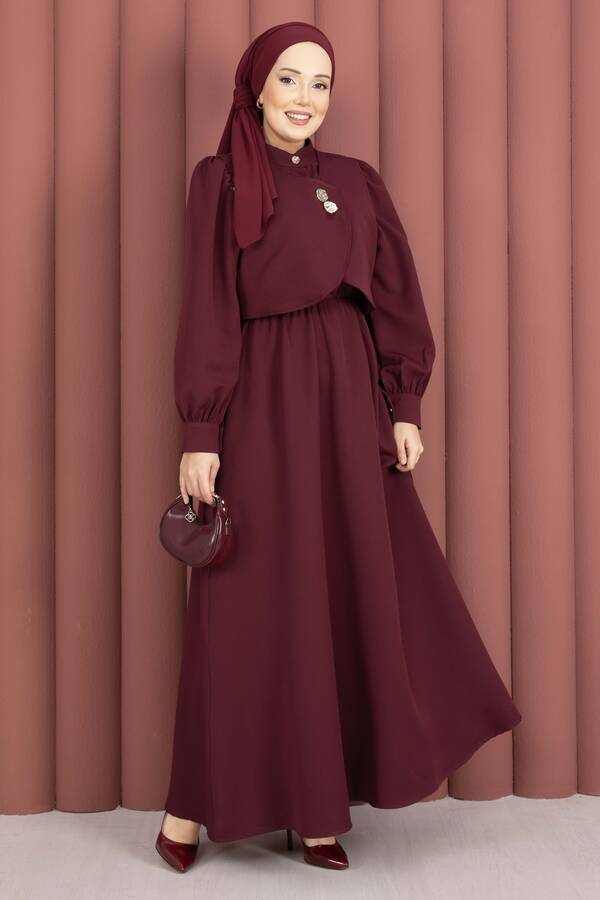 Bolerolu Gold Düğmeli Elbise Takım Bordo - 3
