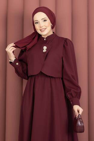 Bolerolu Gold Düğmeli Elbise Takım Bordo - Thumbnail