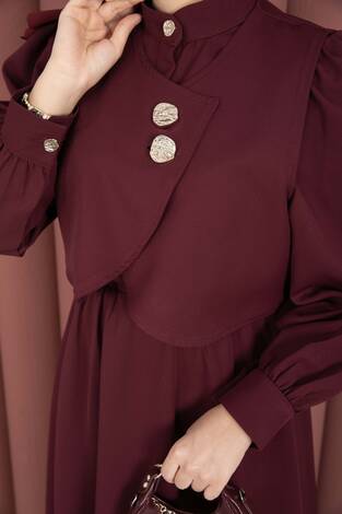 Bolerolu Gold Düğmeli Elbise Takım Bordo - Thumbnail