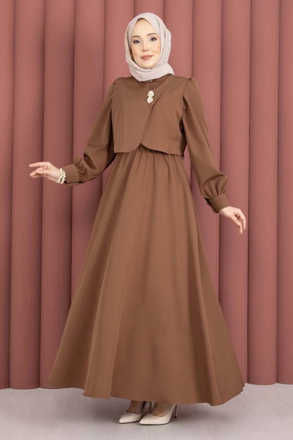MD - Bolerolu Gold Düğmeli Elbise Takım Kahve