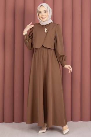 Bolerolu Gold Düğmeli Elbise Takım Kahve - Thumbnail