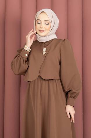 Bolerolu Gold Düğmeli Elbise Takım Kahve - Thumbnail