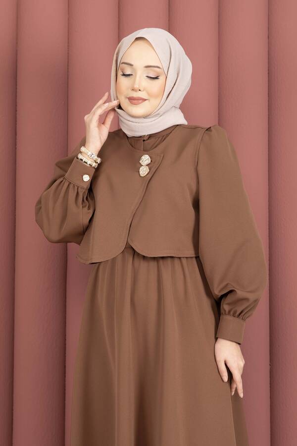 MD - Bolerolu Gold Düğmeli Elbise Takım Kahve (1)
