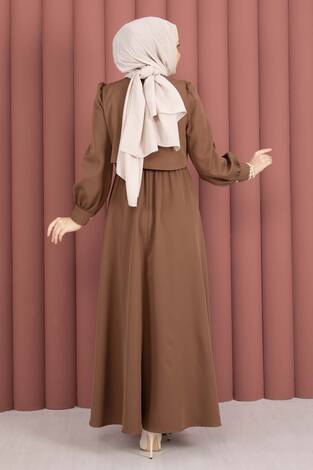 Bolerolu Gold Düğmeli Elbise Takım Kahve - Thumbnail